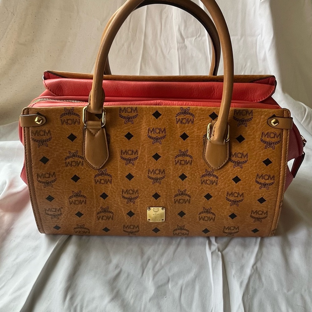 MCM Cognac Monogram Satchel with Coral Trim